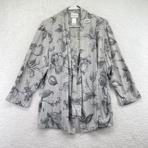 Alfred Dunner Womens Cardigan Sweater Size Large Gray Floral Removable Necklace - Picture 1 of 10